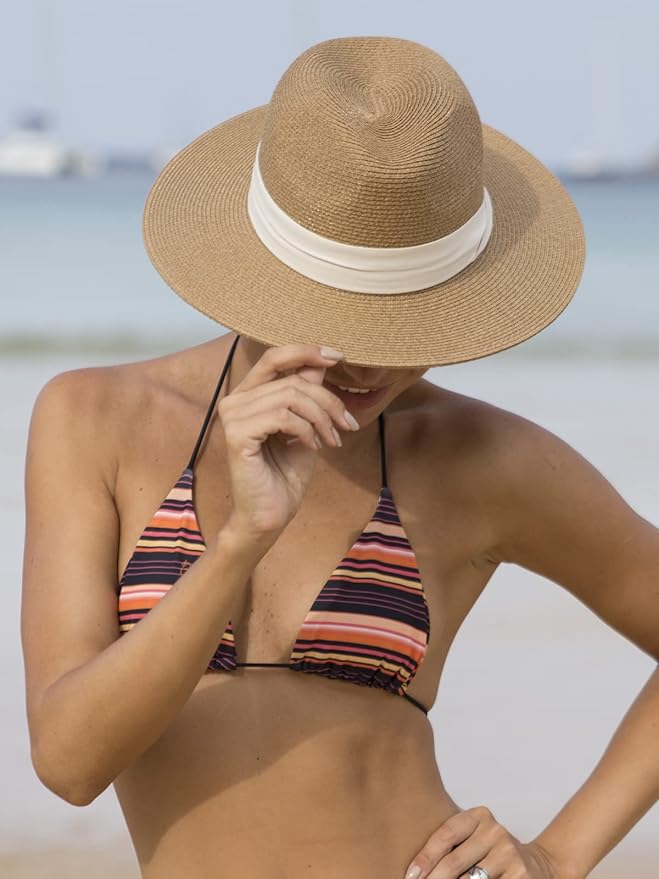FURTALK Womens Mens Wide Brim Straw Panama Hat Fedora Summer Beach Sun Hats UPF Straw Hat for Women