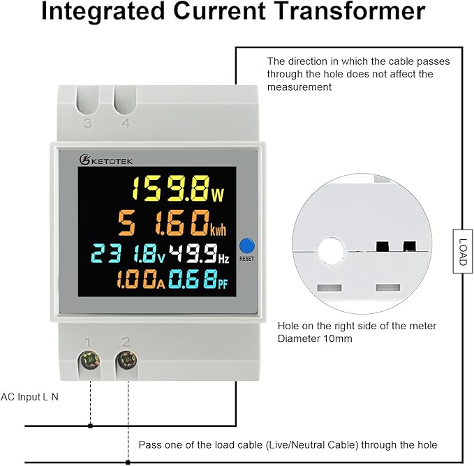 KETOTEK Single Phase Energy Meter Din Rail Electricity Usage Monitor AC 40-300V 100A Voltmeter Ammeter Watt Kwh Frequency Power Meter Built-in CT 110V