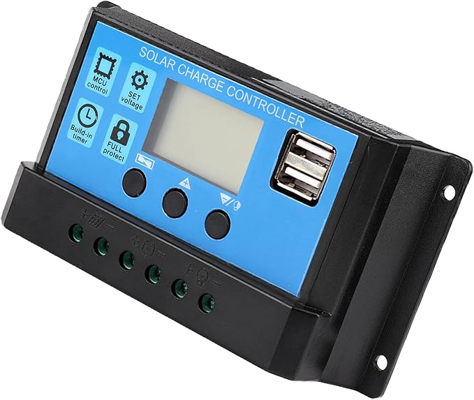 60A Solar Controller 12V 24V PWM Solar Battery Regulator with LCD Display MOSFET , Adjustable Parameters, USB Output, for 12V/24V Solar Panel System