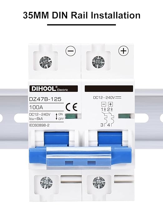 DIHOOL DC Circuit Breaker,100A 2 Pole,12V to 240 Volt Solar Disconnect Switch,DIN Rail Mount