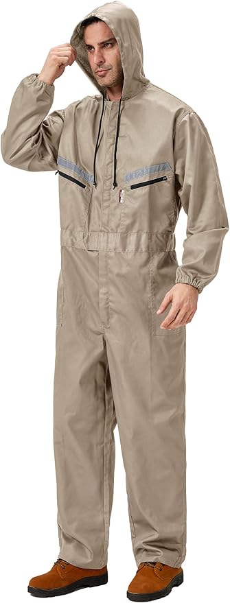 Mens Work Coveralls Mechanic Hooded Overall Workwear Jumpsuits Long Sleeve Hi Viz Coverall with Zippers