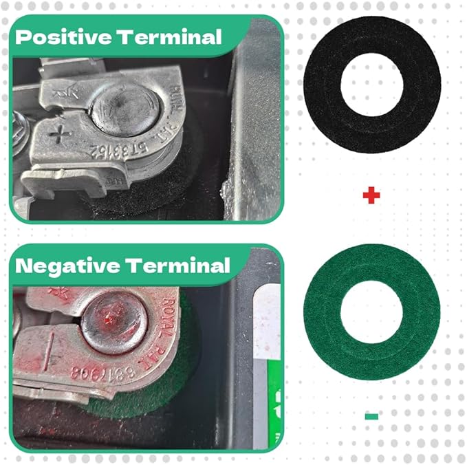 8PCS Battery Terminal Anti Corrosion Washers Fiber, Battery Terminal Protector, 4 Red & 4 Green Battery Terminal Protector for Protecting Battery Terminal, Universal Accessories (Black+Green, 12PCS)