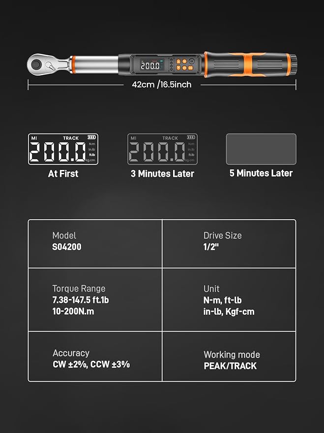 Digital Torque Wrench, 7.38-147.5 ft.lb/10-200 Nm, 1/2" Drive Inch Pound Torque Wrench Electronic with Buzzer & Colorful LED Indicator Cars Automotive