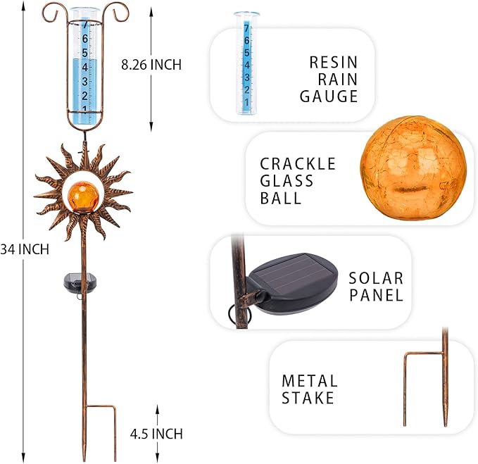 MUMTOP Rain Gauge Outdoor, 34 Inch Large Number Solar Lights Sun Water Gauge for Lawn, Yard and Garden