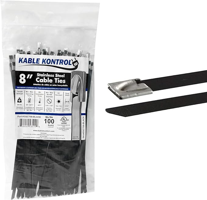 Kable Kontrol Black Metal Zip Ties - 8" Inch Long 100 Pcs, 200 Lbs Tensile Strength, Polyester Coated 304 Stainless Steel Cable Ties UV & Chemical Resistance, for Indoor & Outdoor Use