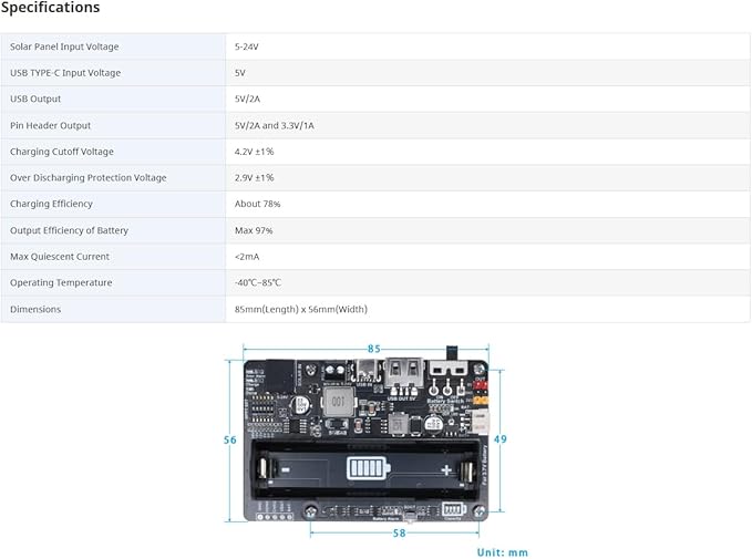Solar Energy/Power Manager Module, Solar Power for 5V-24V Solar Panel, Supports Solar Panel or USB Port Ba-ttery Charging