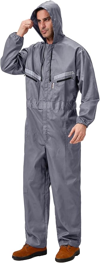Mens Work Coveralls Mechanic Hooded Overall Workwear Jumpsuits Long Sleeve Hi Viz Coverall with Zippers