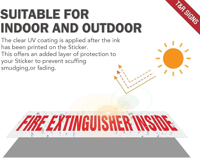 T&R Fire Extinguisher Inside Sign Stickers - 10 Pack - 9" x 1.7" Self-Adhesive Vinyl Reflective, UV resistant, Waterproof, Fade and Scratch Resistant, Suitable for Vehicles Indoor and Outdoor - White