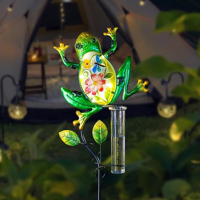 Solar Rain Gauge Outdoor, Frog Rain Gauge, 7 Inch Tube Decorative Rain Measure Gauge with Metal Stake, Solar Powered Stained Glass Rain Measure Tool for Garden