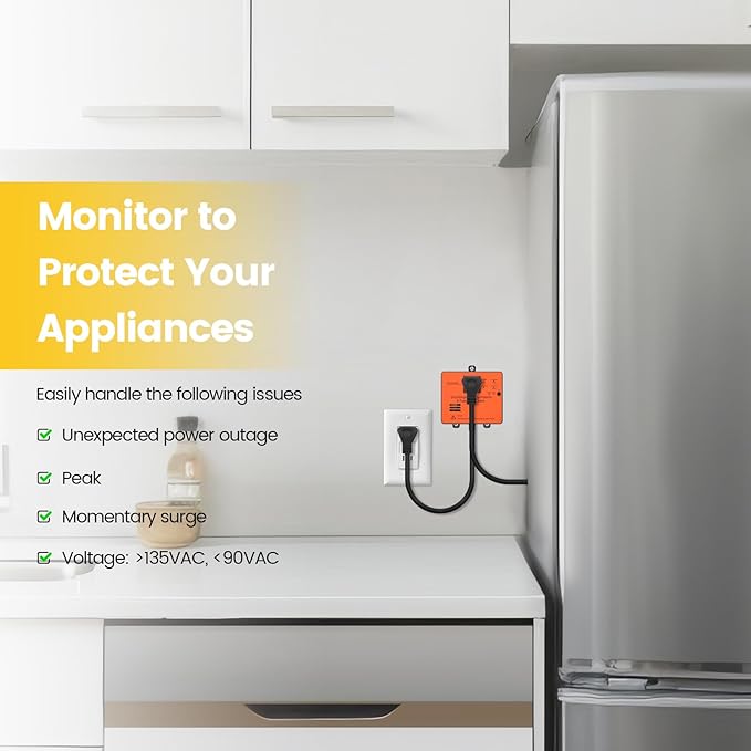 Ortis Refrigerator Surge Protector & Power Failure Alarm, Protects Against Voltage Abnormalities, with LED Indicator Light & 110dB Alarm, Ideal for Refrigerators, Freezers, and Sewage