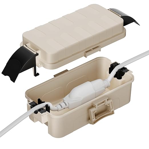 Flemoon IP55 Small Outdoor Electrical Box Waterproof (Inner 5.9 x 3.2 x 1.8inch), Extension Cord Cover with Detachable Awning Covers for Plug, Outlet, Holiday Lights, Almond