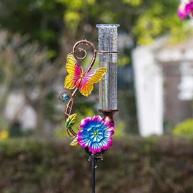 Butterfly Rain Gauge Outdoor, Solar Rain Gauge with Metal Stake, 7 Inch Tube Decorative Color Lights Rain Measure Gauge for Patio, Lawn, Garden