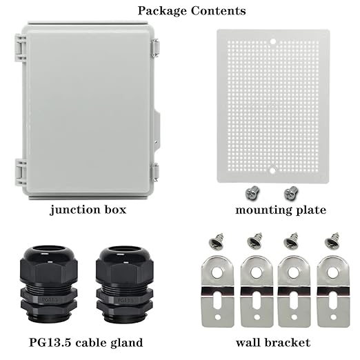 Zulkit Junction Box,IP67 Waterproof Electrical Box Hinged Cover Stainless Steel Latch Plastic Enclosure for Project with Mounting Plate Wall Bracket and 2 Cable Gland Grey 8.7"x6.7"x4.3"/220x170x110mm