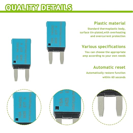 15A DC 12V-14V Auto Reset Circuit Breaker ATM Low Profile T1 Mini Blade Fuses Breakers for Car Trucks Marine Boat RV Solar and More,2 Pack