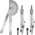 Protractor and Compass Set - 10cm (3.94 Inch) Stainless Steel Angle Finder with 2 Metal Compasses, 180° Adjustable Two Arm Ruler for Geometry, Woodworking, Engineering & School Supplies