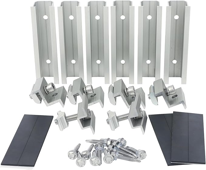 Solar Panel Roof Mounting Kit,Complete 2 Panel Solar Rack System for Side by Side DIY Installation,Universal Mounting Rails and Clamps for Asphalt Shingle or Metal Roofs, 6x 4.72″ Short Mounting Rails