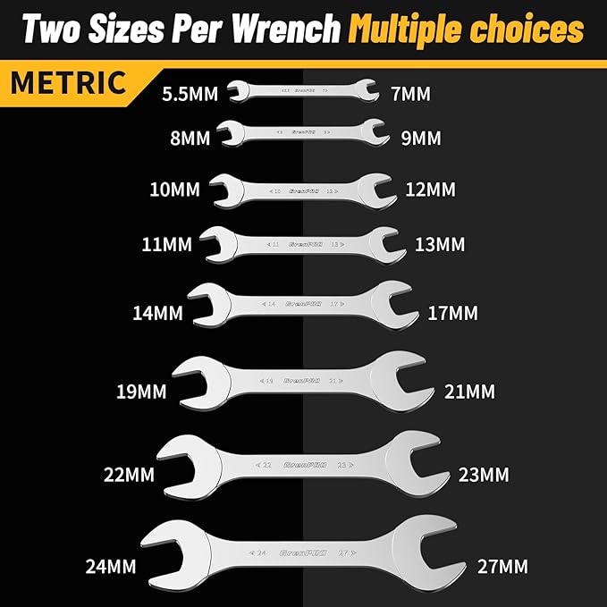 Super-Thin Metric Wrench Set, Open End Wrench Set, 9PCS 5.5, 7, 8, 9, 10, 11, 12, 13, 14, 17, 19, 21, 22,23,24,27mm, Slim Spanner Organizer Rolling Pouch with Gauge, Small Wrenches Tools Sets