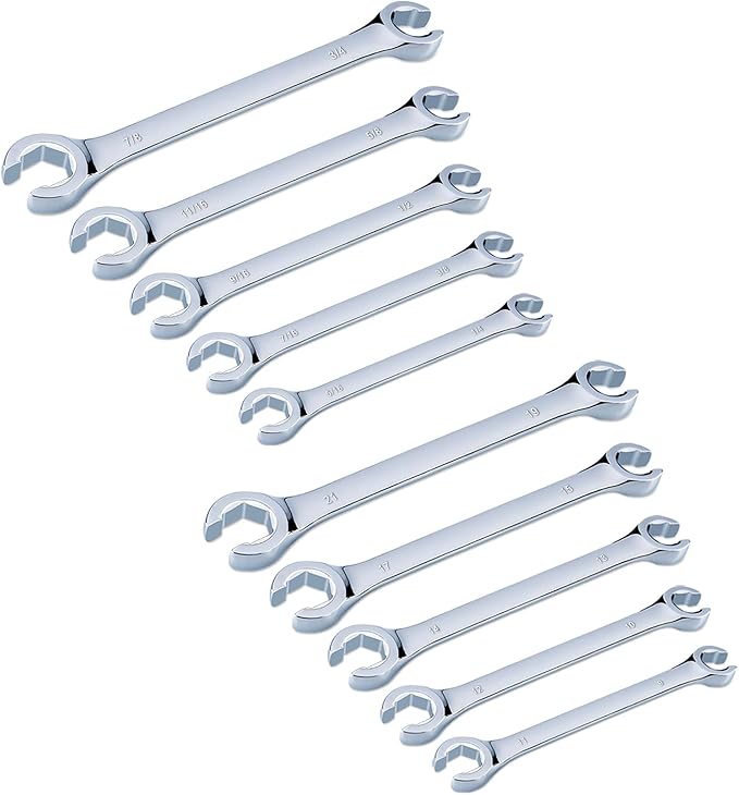 10-Piece Complete Metric and SAE Flare Nut Wrench Set with Pouch | Metric 9mm - 21mm, Inch 1/4” - 7/8” | Cr-V Steel, 6-Point Double-End Design, Perfect Line Wrench for Fuel, Brake and Air Conditioning