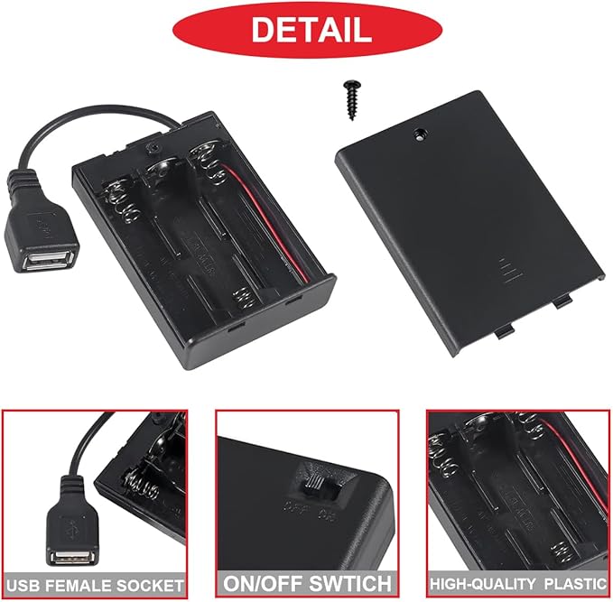 5 Pcs 3 AA Battery Holder, USB Female Socket, 3 x 1.5V AA Battery Box Holder with Cover (Batteries are not Included), ON/Off Switch, Screw,for Arduino RC LED Strip