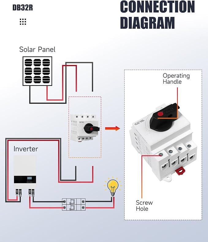 32 Amp DC1200V Solar Disconnect Switch Isolator Switch PV Panel Disconnect Solar System Combiner Box Accessory DIN Rail Mount and Lockable
