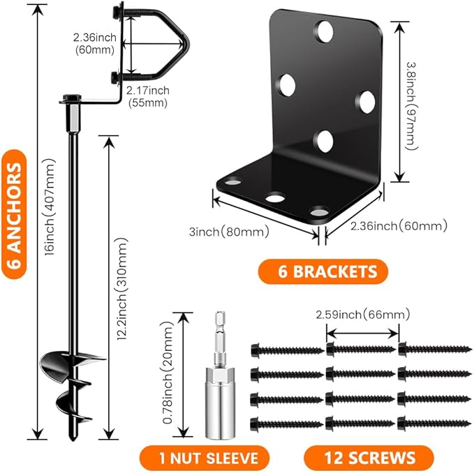 Ground Anchors Shed Anchors 14" Set of 6 Trampoline Stakes Screw in Heavy Duty Mobile Home - Storage Shed Anchor Kit - Playset Swing Anchors - Stakes for Fence,Carport,Garden (Black, 6 x 14in)