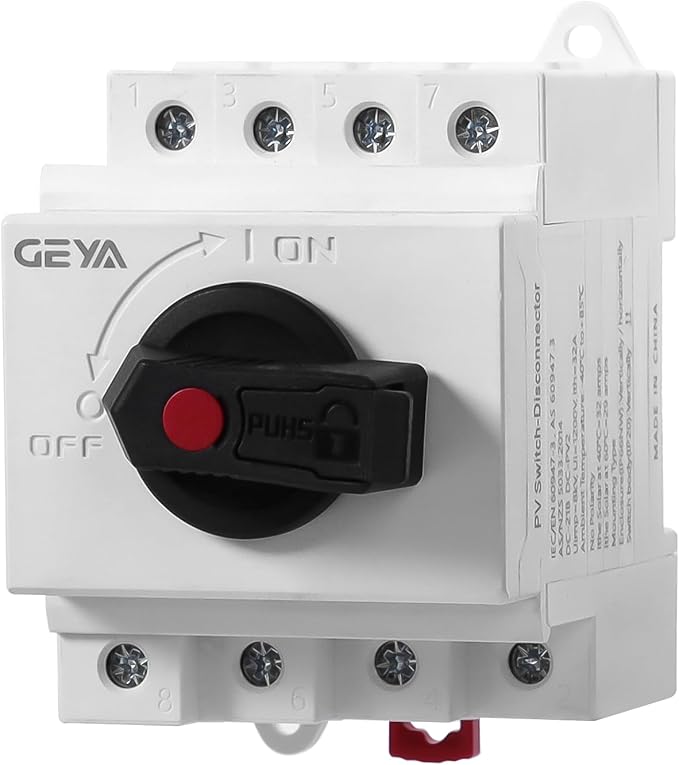 32 Amp DC1200V Solar Disconnect Switch Isolator Switch PV Panel Disconnect Solar System Combiner Box Accessory DIN Rail Mount and Lockable