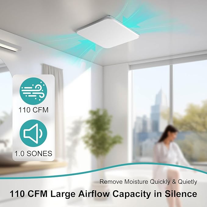 Bathroom Exhaust Fan 110CFM with Hidden Grille Design, 1.0 Sones Urtra Quiet Ceiling Ventilation Fan System - Household Bathroom Extractor Fan for Home/Office/Hotel, 4 inch Diameter Outlet