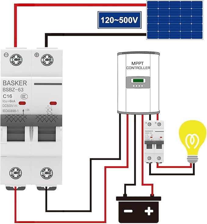BASKER DC Circuit Breaker, 16 Amp 2 Poles 500V Solar Disconnect Switch for Solar PV System Solar Panels Grid System,Thermal Magnetic Trip,DIN Rail Mount, DC Breaker MCB (16A)