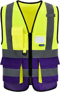 A-SAFETY Reflective Safety Vest, Hi Vis 9 Pockets High Visibility Zipper Front Safety Vest, Yellow&Purple Color Mixed, L