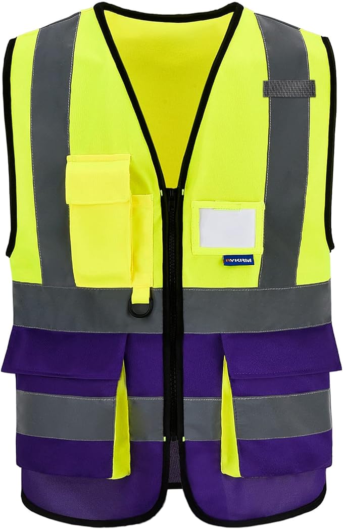 A-SAFETY Reflective Safety Vest, Hi Vis 9 Pockets High Visibility Zipper Front Safety Vest, Yellow&Purple Color Mixed, L