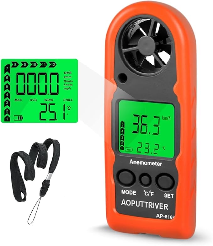 Digital Wind Speed Meter Air Flow Meter Measuring Wind Chill and Max/Average/Current/Temper Speed, Mini Anemometer for Sailing Fishing Hunting HVAC