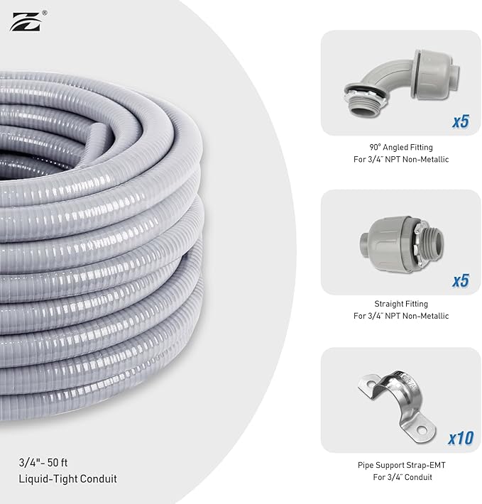Z 3/4" Dia * 50 Feet Flexible Electrical Conduit Liquid Tight PVC Conduit Kit - UL Listed PVC Non-Metallic with 5 Straigh, 5 Angled Fittings and 10 Strap, UV Resistant for HVAC/Outdoor/Burial