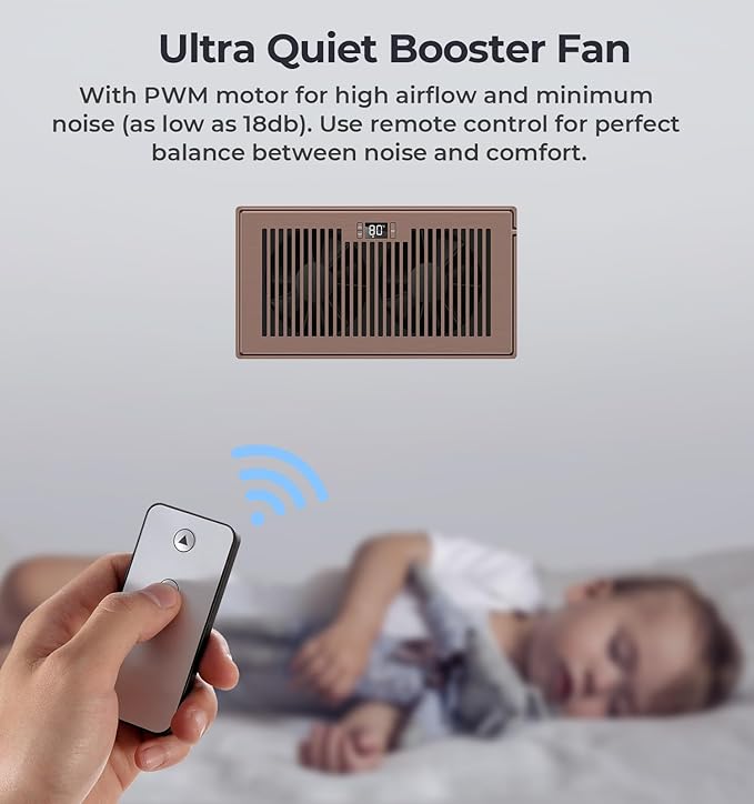 Quiet Register Booster Fan Fits 6" x 12" Register Holes, 10-Speed Smart Heating Cooling AC Vent Fan with Remote Control and Thermostat Control - Bronze