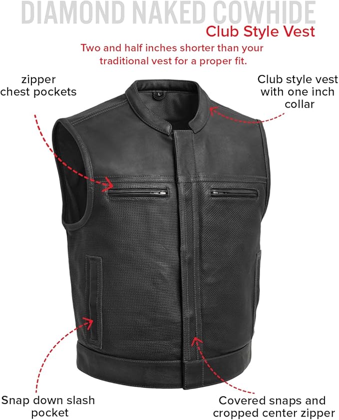 First Mfg Co Lowrider Mens Motorcycle Biker Riding Armor Club Style Black Leather, Twill, Moto Mesh, Perforated Vest
