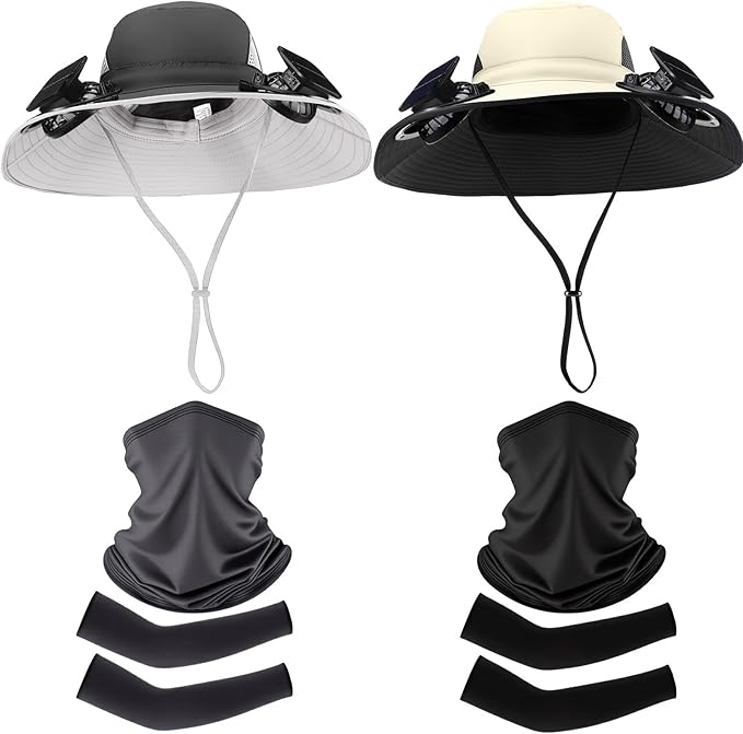 Syhood Solar Powered Fan Hat with Arm Sleeves Neck Gaiter for Men Women Outdoor Wide Brim Bucket Hat with Fan for Hiking