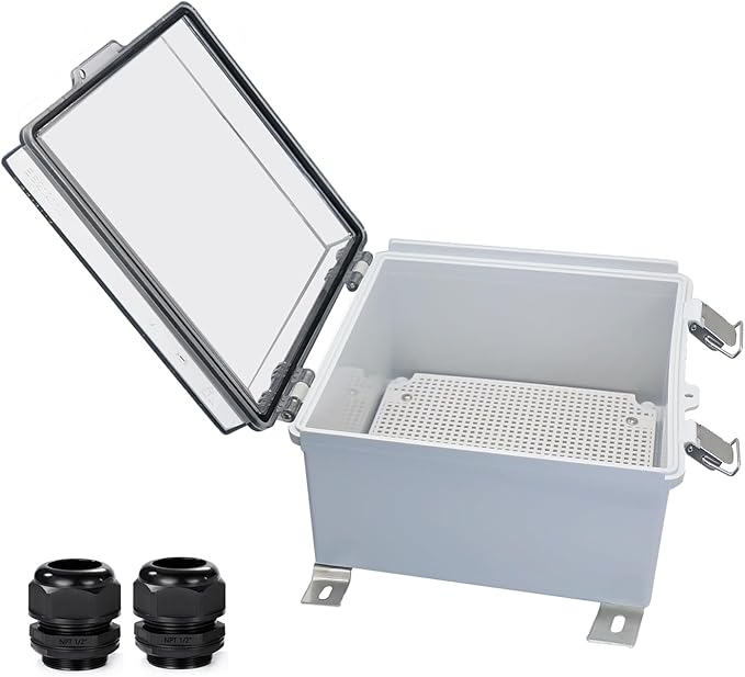 Waterproof Outdoor Electrical Box Junction Box Weatherproof IP67 ABS Plastic Enclosure Switch Router Project Box with Mounting Plate with Wall Bracket 2 Cable Glands Clear 8.27" x 8.27" x 5.12"