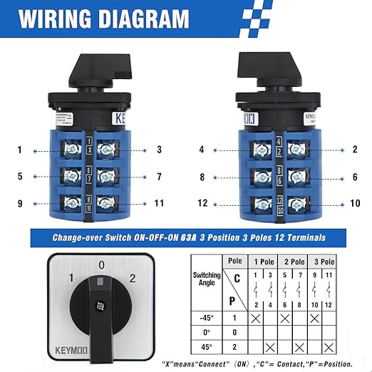 63A Rotary Change-Over Switch,3 NO 3 NC 2-Way, 3 Position 3 Phase 12 Terminals, 660V Universal Selector Switch for Solar and Grid Power Switching
