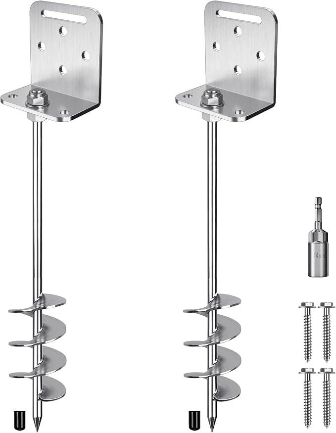 24'' Heavy Duty Ground Anchors Screw in 10mm Solid Steel with L Bracket for Trampoline Mobile Home Swing Set Shed Carport Earth Anchor Fence, 2.7" Helix Blade & Chrome Plated Finish, 2Pcs