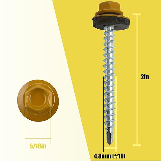 200pcs #10 x 2 Yellow Hex Head Self-Drilling Metal Roofing Screws, EPDM Washer, Colored Head, Wood Screws, Sheet Metal Roof Screw with Hex Driver Bit (Yellow, 2 in)