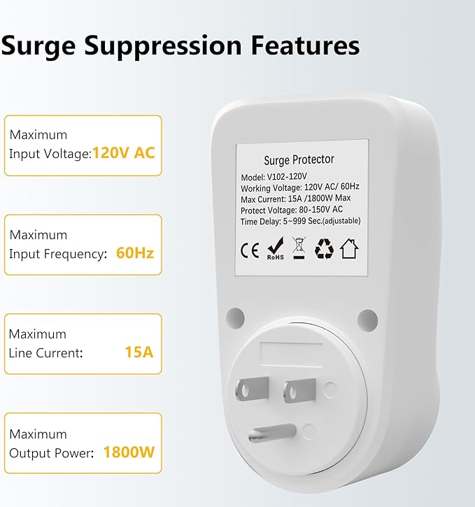 BSEED Surge Protector, 1800W Wall Surge Protector for Refrigerator, TV, PC, Home Appliance, Voltage Regulator with LED Display Screen, Adjustable Voltage Protector, 15A, 120V, 4 Pack