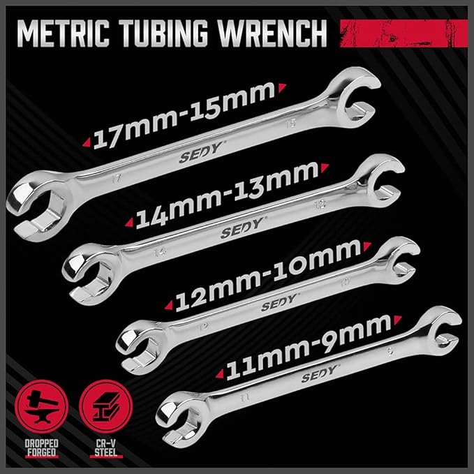 SEDY 4-Piece Flare Nut Wrench Set, Offset End Spanner Metric 9 10 11 12 13 14 15 17mm, CR-V Steel Storage Pouch Repair and Remove Nuts on Fuel Tube Hose Transmission Line