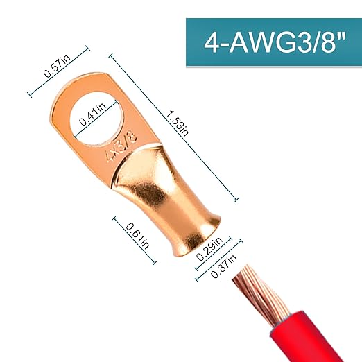 10 PCS Battery Terminal Connectors, Battery Cable Ends Lugs, 4 Gauge Wire Connectors, 4 AWG 3/8" Stud Ring Terminals, Copper Wire Lugs with Heat Shrink Tubing.