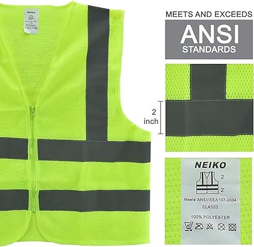 Neiko High Visibility Safety Vest ANSI Class 2, No Pocket, Neon Yellow, Large (L)