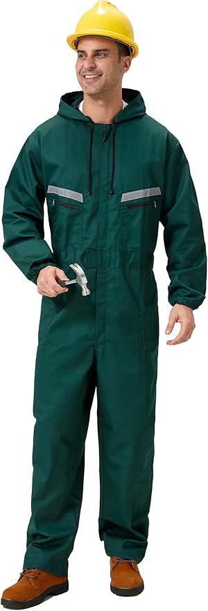 Mens Work Coveralls Mechanic Hooded Overall Workwear Jumpsuits Long Sleeve Hi Viz Coverall with Zippers