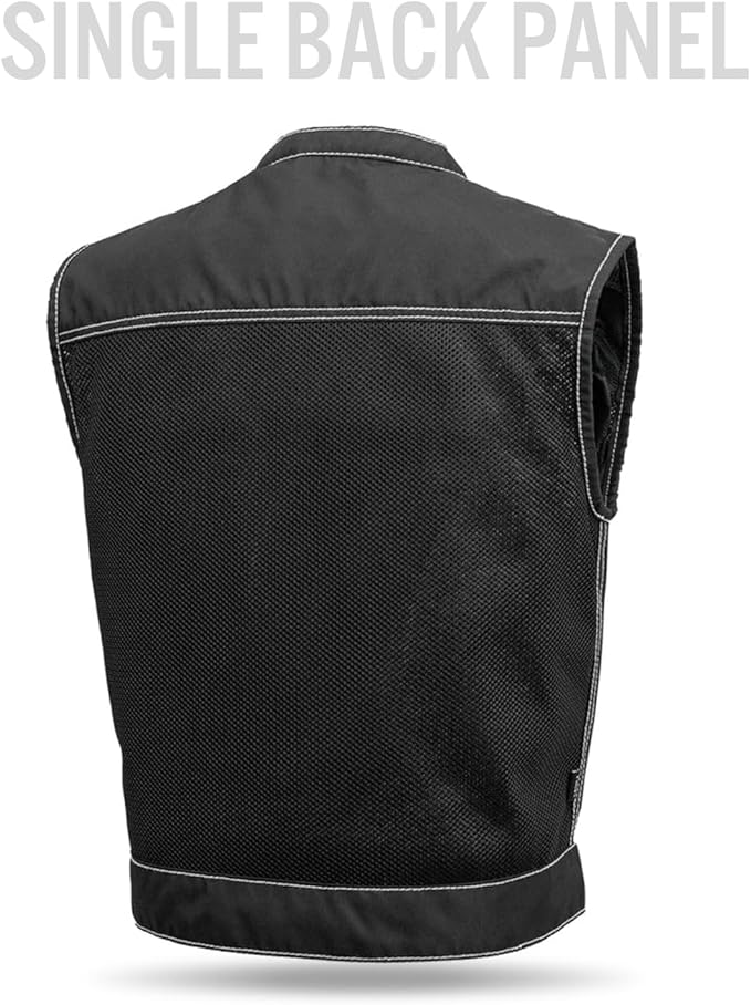First Mfg Co Lowrider Mens Motorcycle Biker Riding Armor Club Style Black Leather, Twill, Moto Mesh, Perforated Vest