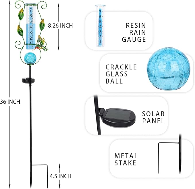 MUMTOP Rain Gauge Outdoor Freeze Proof, 36 Inch Large Number Solar Lights Hummingbird Water Gauge for Lawn, Yard and Garden