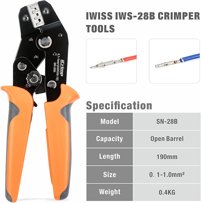iCrimp SN-28B Dupont Crimping Tool for 3.96mm, 2.54mm, 2.5mm Pitch Dupont, JST XH VH Connectors, AWG 18 to 28