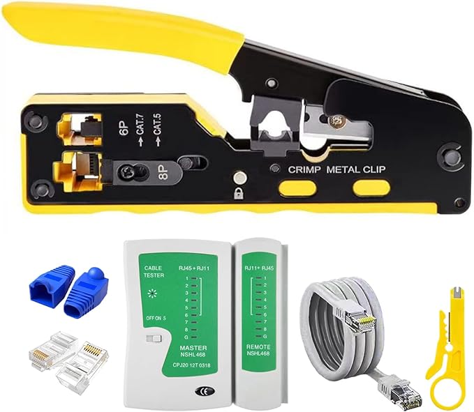 RJ45 Crimp Tool Pass Through Kit - Professional Complete Ethernet Crimping tool kit with Tester 30 Cat6 Connectors & Covers for Cat5/Cat5e/Cat6/Cat7/Cat8