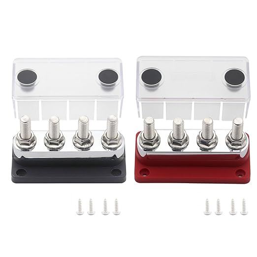 Bus Bar 12V-48V 600A Copper Busbar Distribution Blocks with 4X 3/8" Posts Terminals Powerbar, Heavy Duty DC Battery Junction Blocks 600 Amp for Car RV Truck Boat Solar Marine, Red&Black 2 Pack
