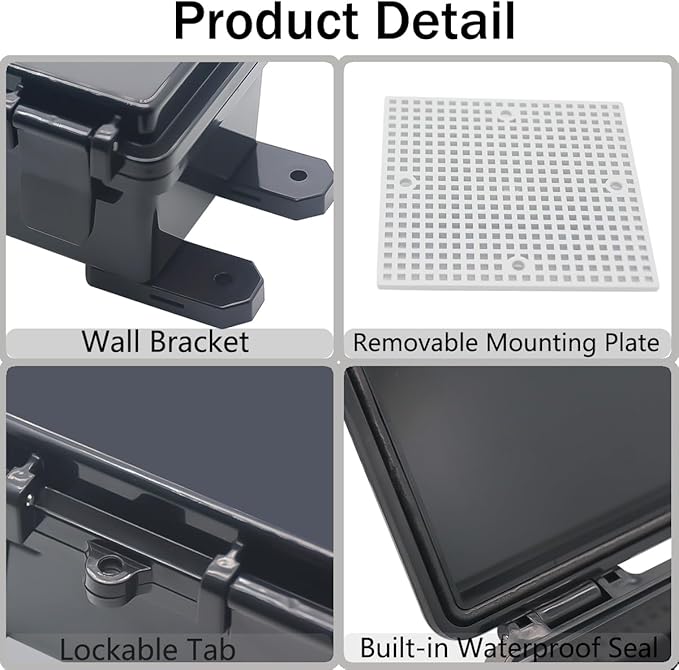 Junction Box, Hinged Black Cover IP67 Waterproof ABS Project Box with Mounting Plate Electrical Box Enclosure with Wall Bracket 5.9 x 5.9 x 3.5inch(150x150x90mm)